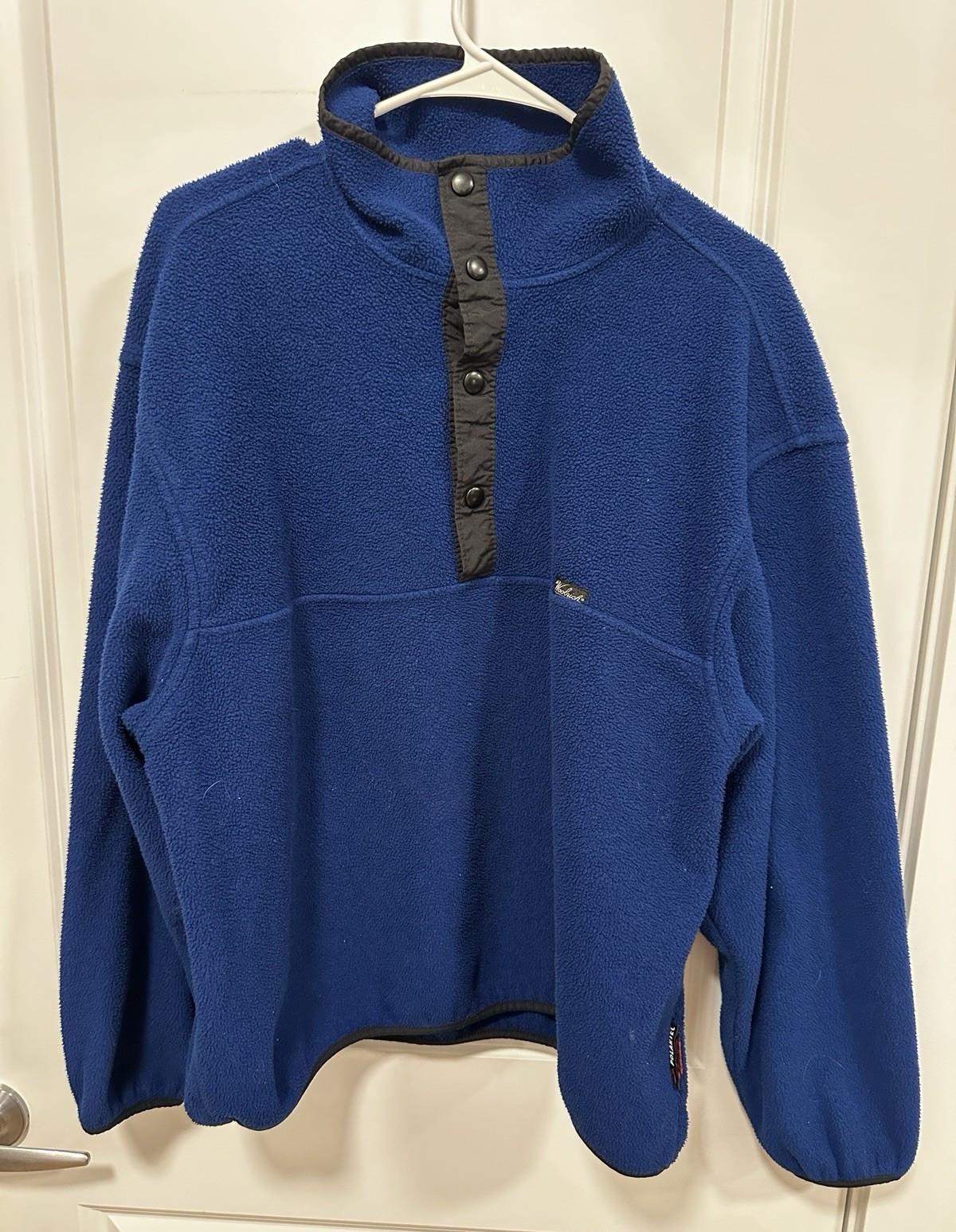 Vintage 90s Woolrich USA Fleece Pullover Snap Button Collar Mens L Royal Blue