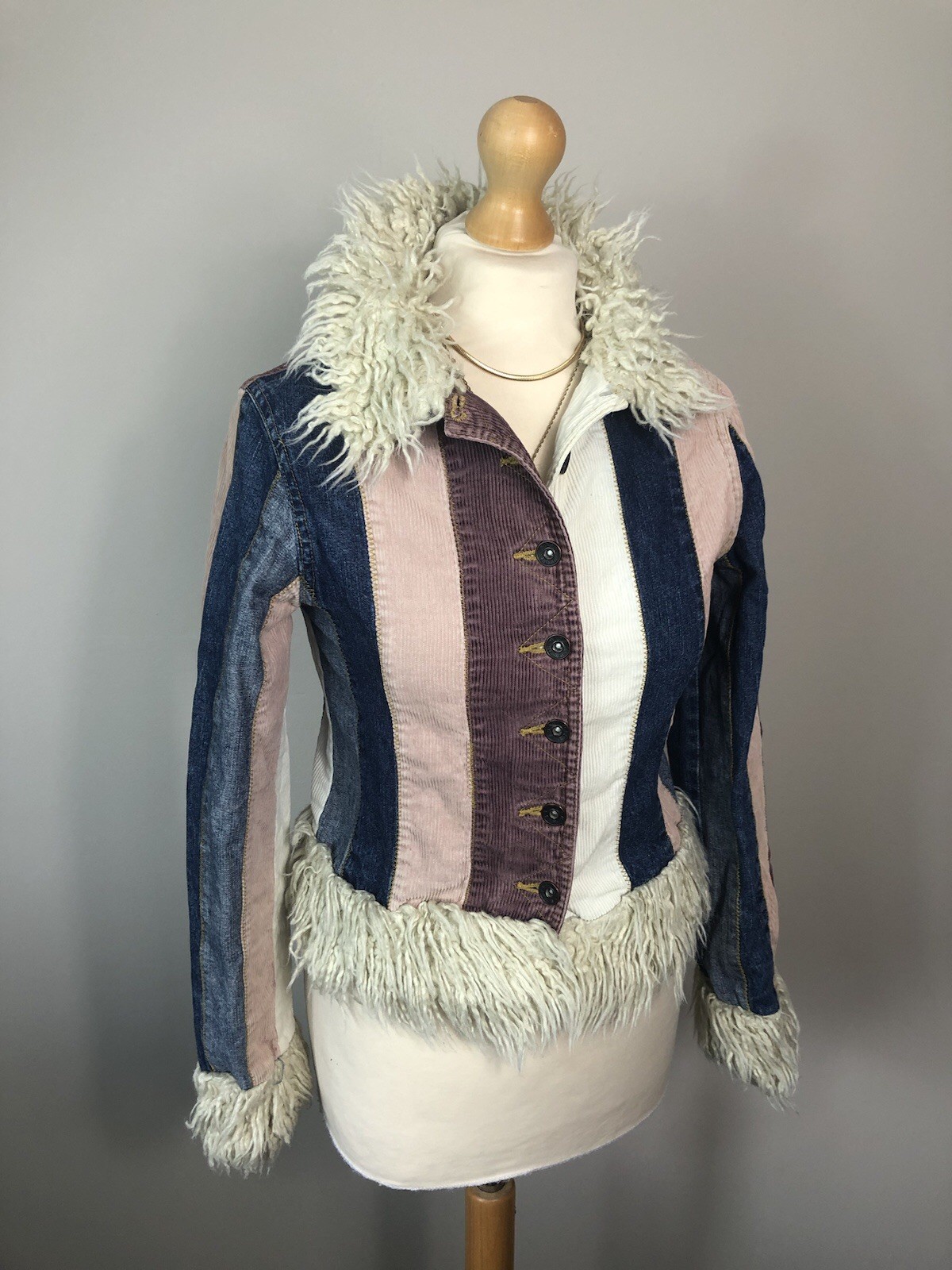 Miss Posh Denim Cord Striped short Penny Lane Afghan coat Jacket Size 8