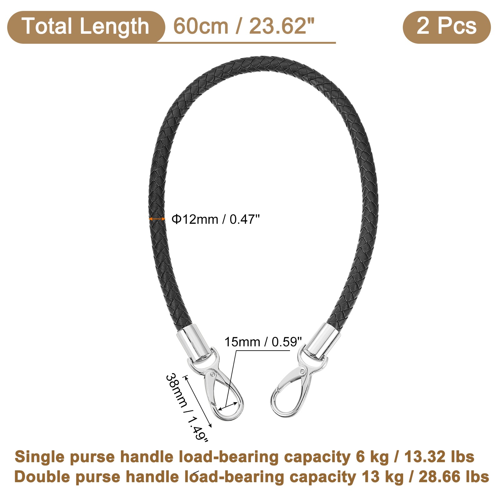 2Pcs 60cm Short Leather PU Braided Purse Replacement Black Silver