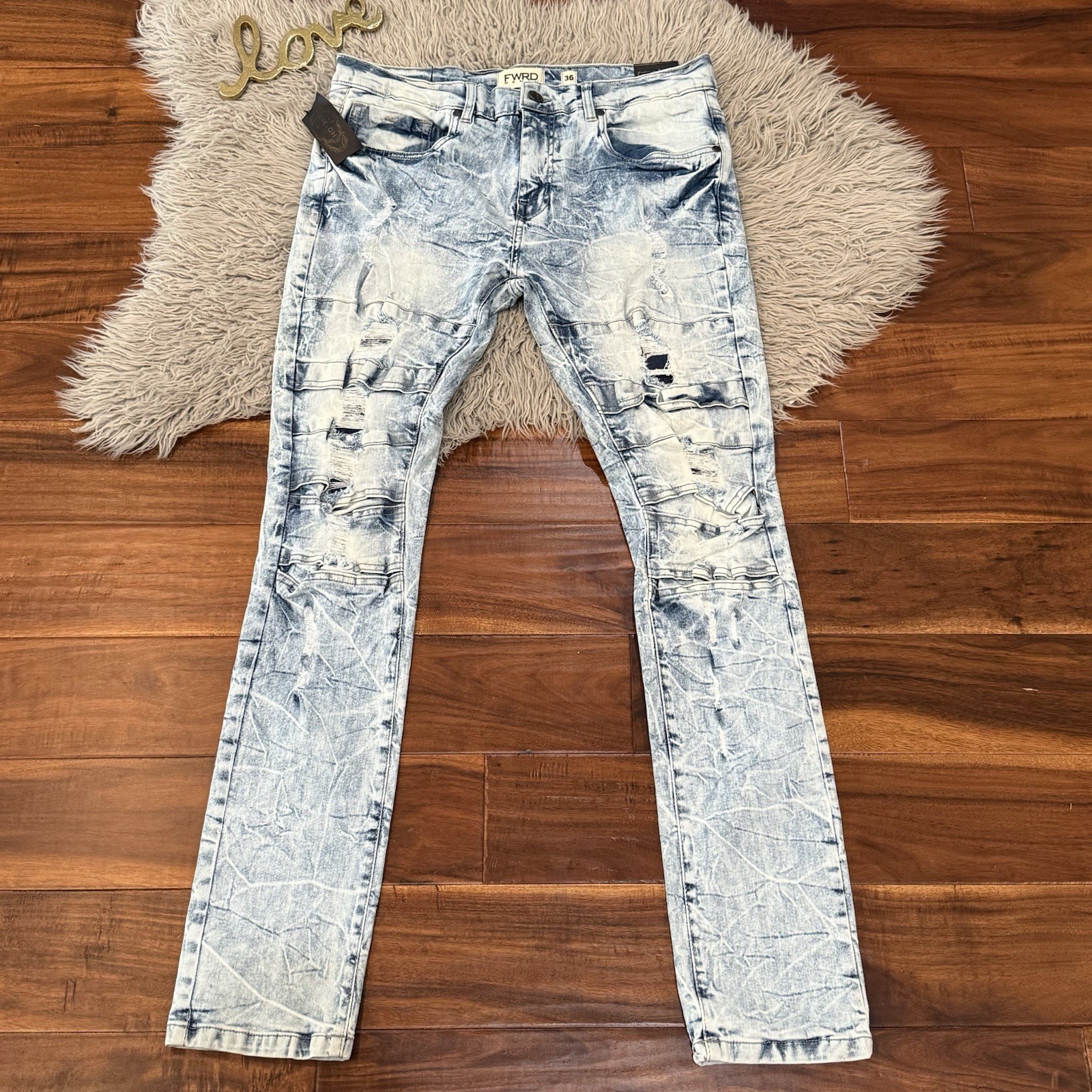 FWRD Denim Men Slim Fit Distressed Moto Jeans Acid Wash Size 36 New