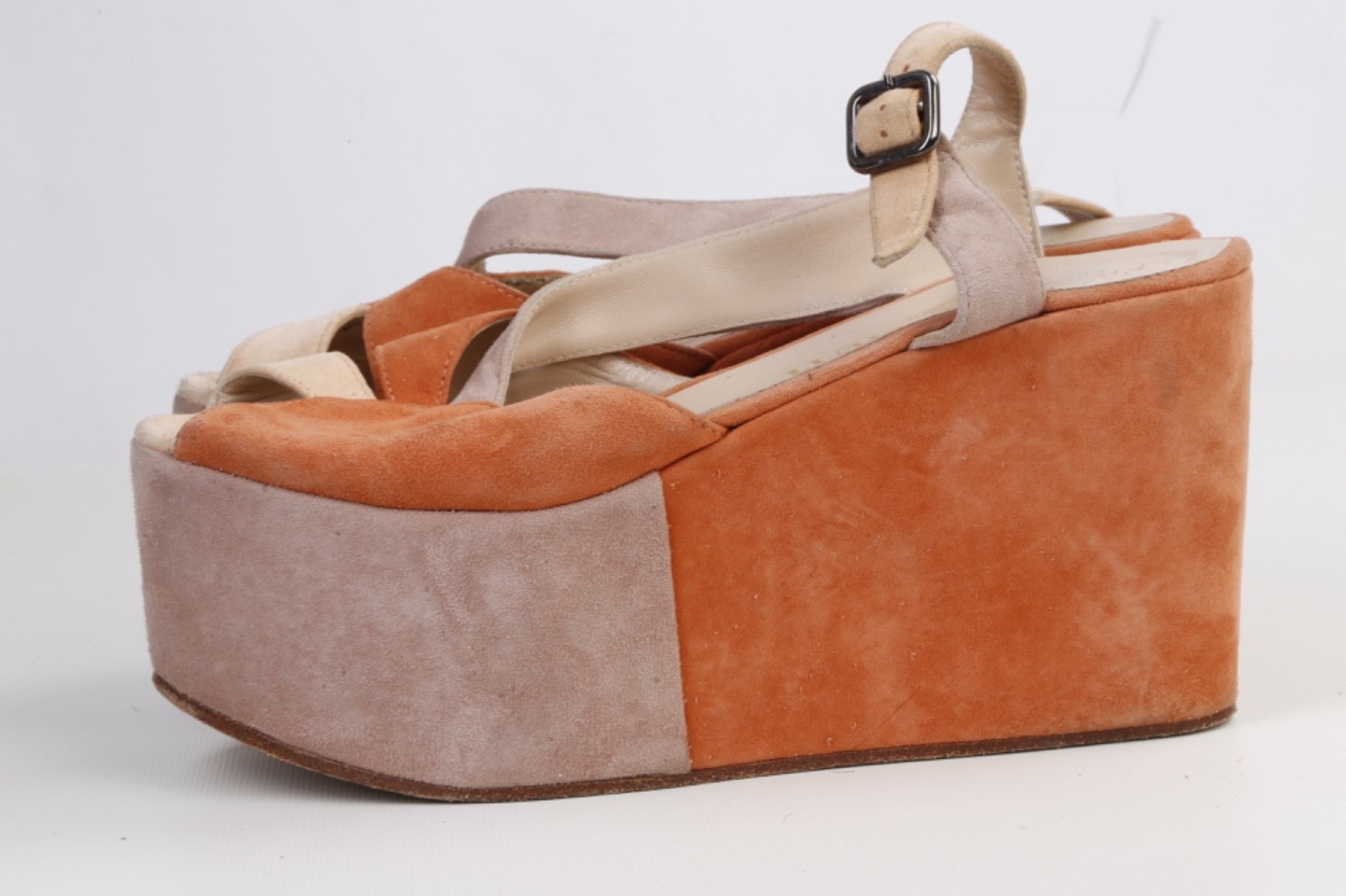 Claudia Ciuti Italian Suede Platform Wedge Sandals Tan Orange Colorblock Size 7M