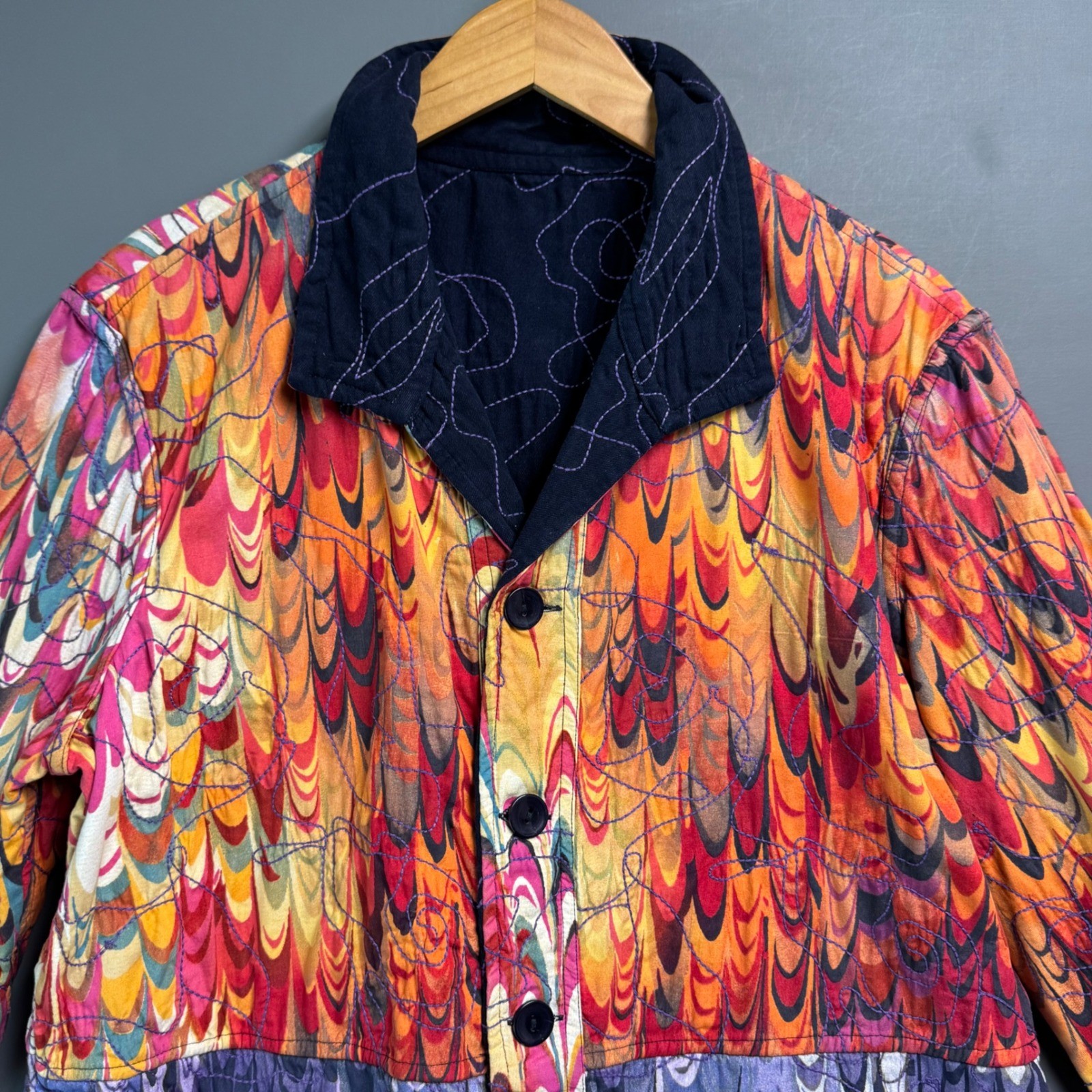 Casual Studio Reversible Quilted Jacket Large Marbled Feather Print Navy Cotton