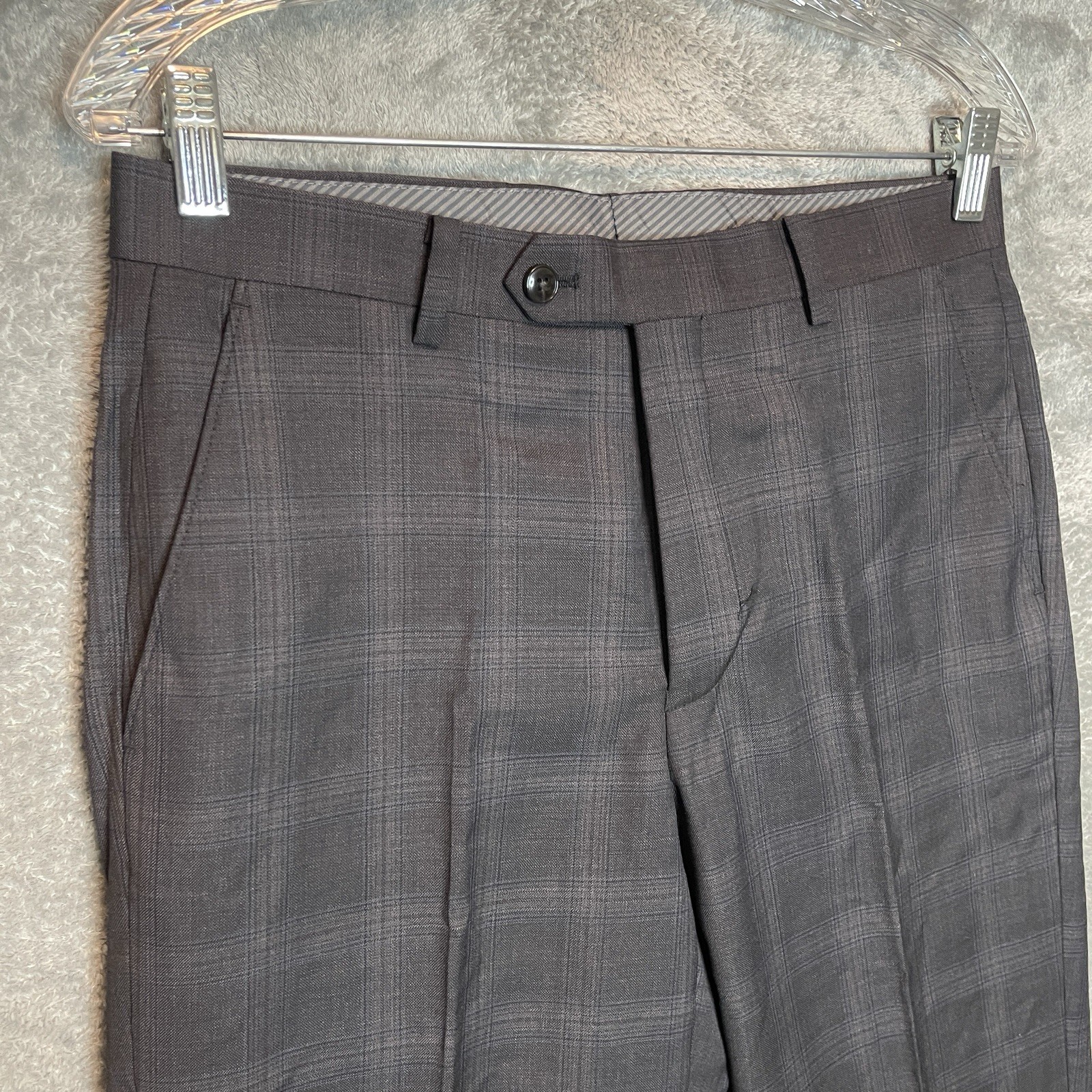 Michael Kors Mens Malone Classic Fit Plaid Wool Stretch Suit Pant Charcoal Brown