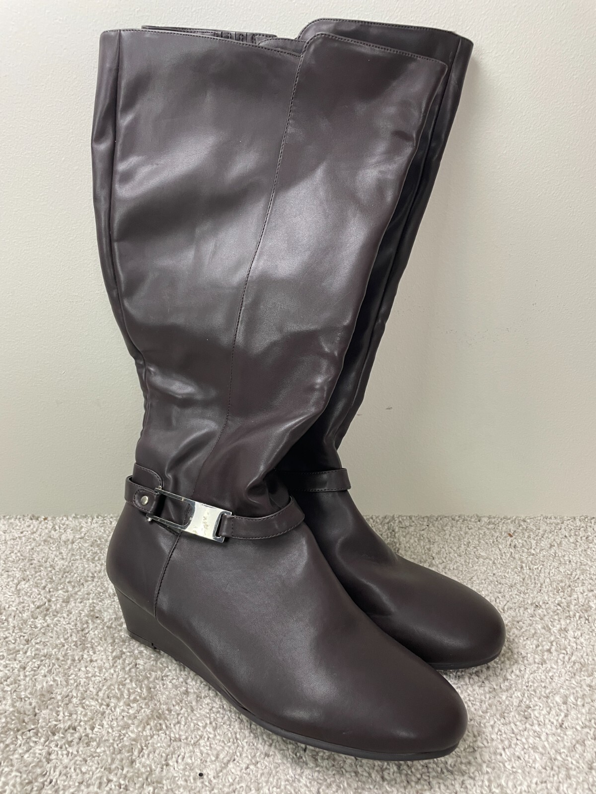 Comfort View Mid-Calf Lyra Boots Womens 10 1/2W Leather Side Zip Buckle Brown