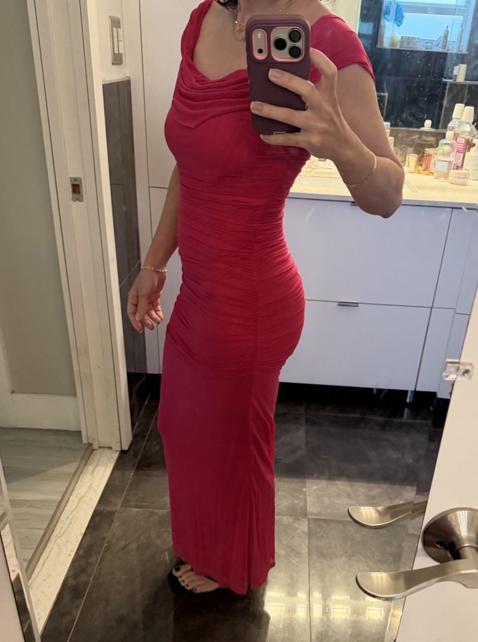 Amazon Pink Ruched Cowl Neck Sleeveless Bodycon Maxi Dress – S