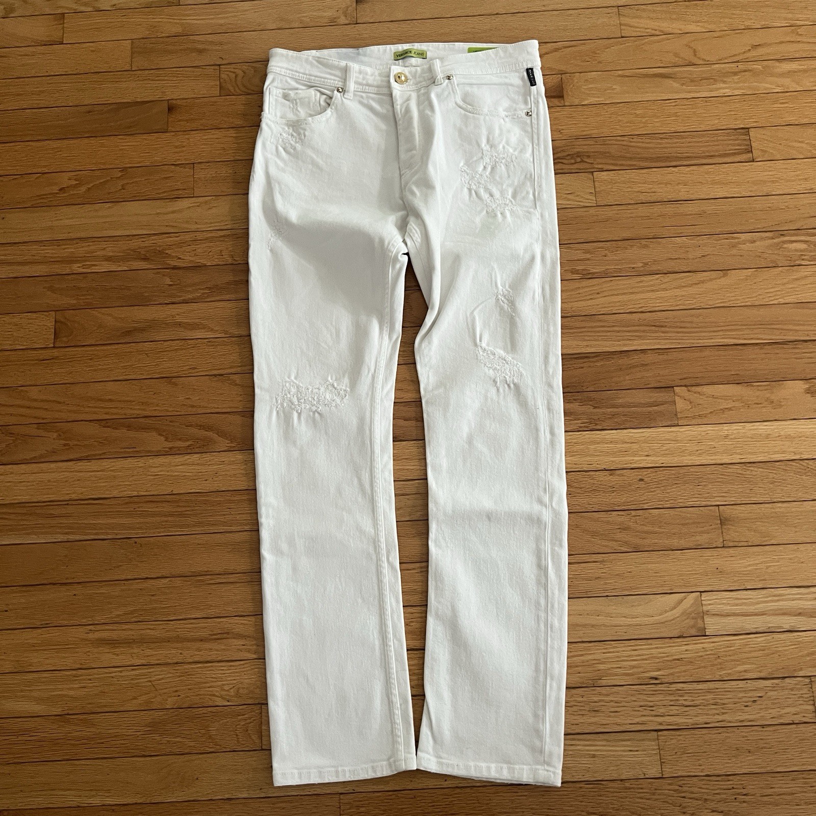 Versace Jeans Mens 32 White Denim Medusa Button Made Albania Distressed Slim