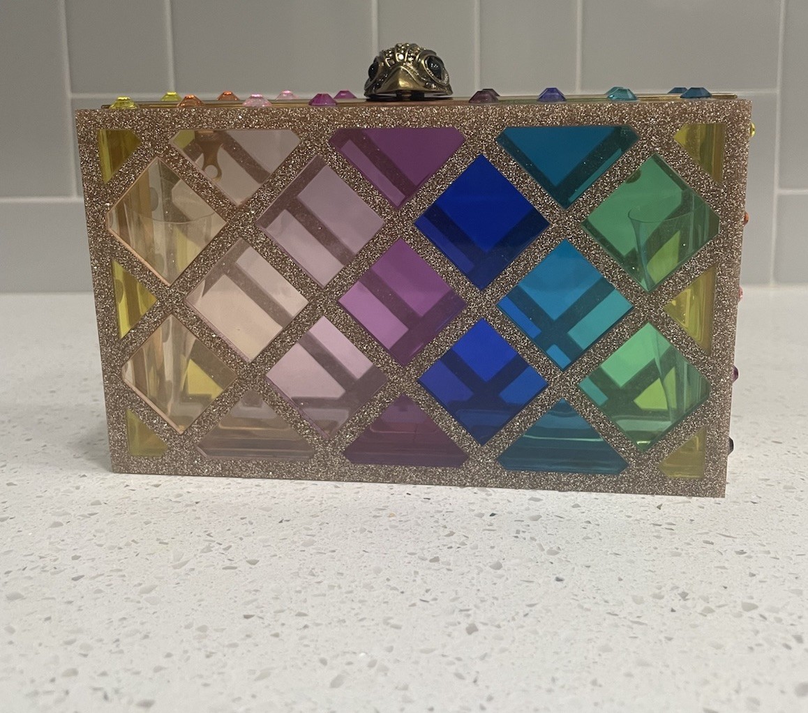 Kurt Geiger Crystal Quilt Box Clutch Rainbow Gold Chain NWT