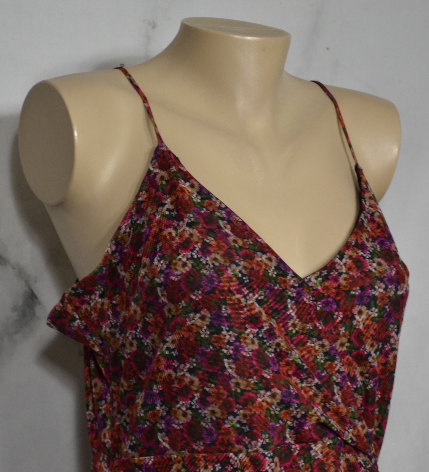 BCBGENERATION Black Multicolor Floral Spaghetti Strap Ruched Dress 14 Asymmetric