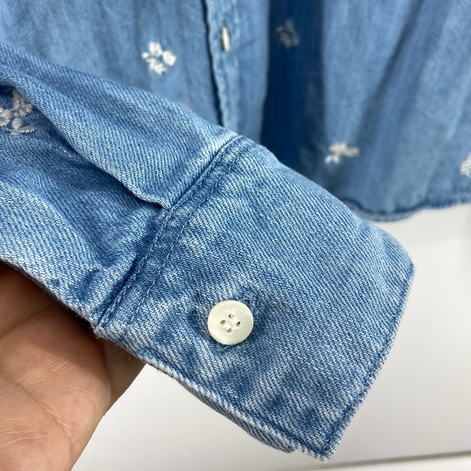 Sezane Tomboy Shirt Embroidered Blue Denim Chambray Long Sleeve Women EU 36 US 4