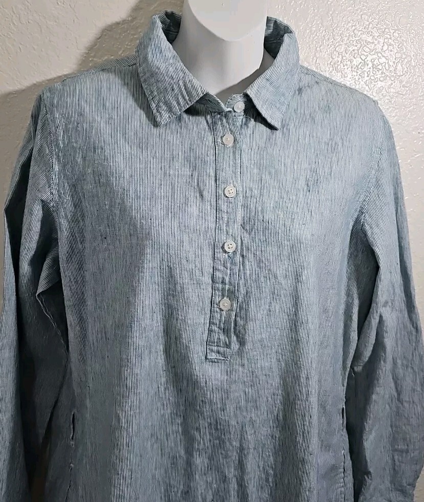 NWT Freedom Trail By Kyodan Large Shirt Dress Linen Blend Pinstripe Blue White
