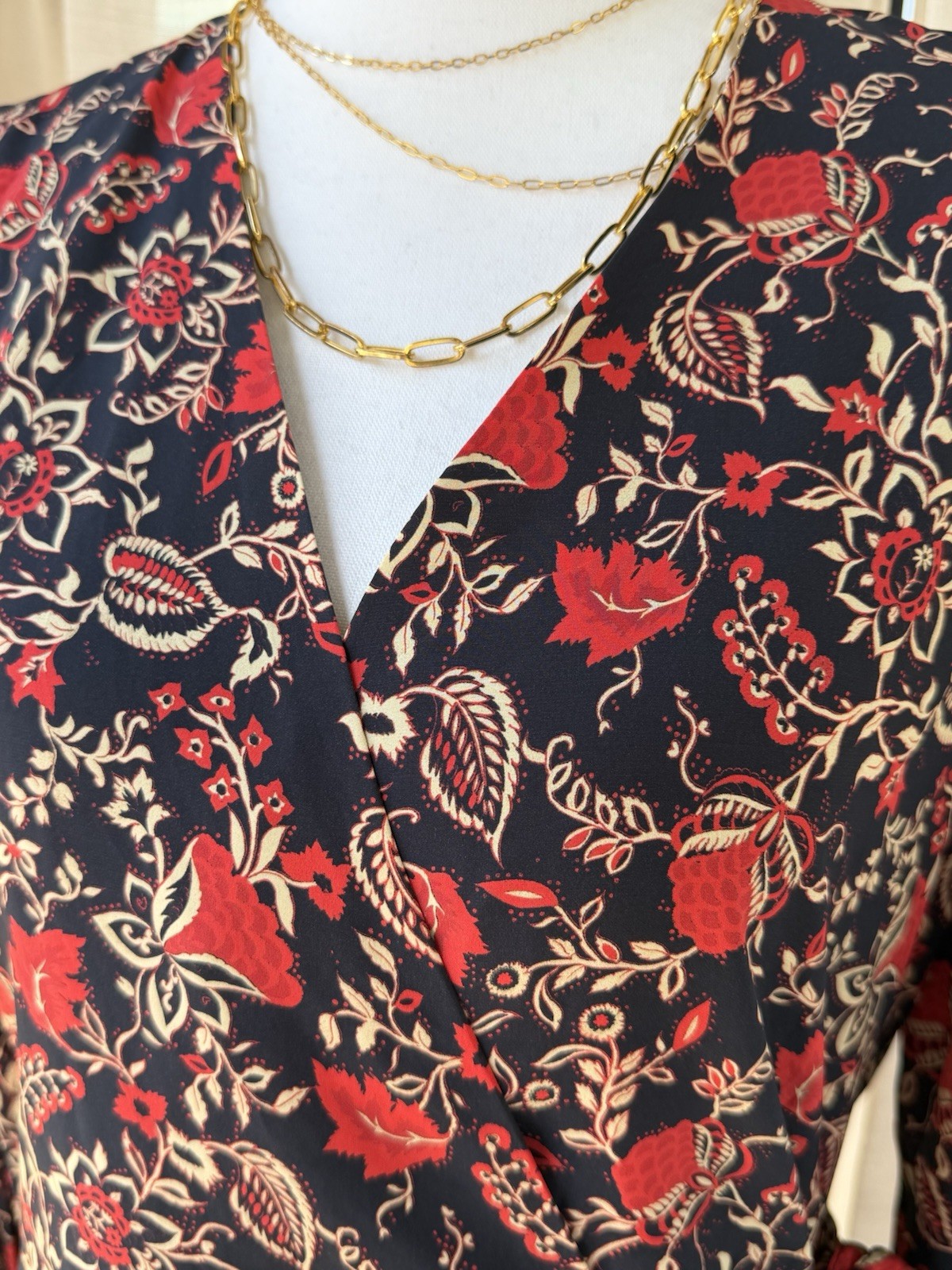 NWT RHODE Caro Black Red Cream Floral Fit & Flare Wrap Dress Long Puff Sleeve S