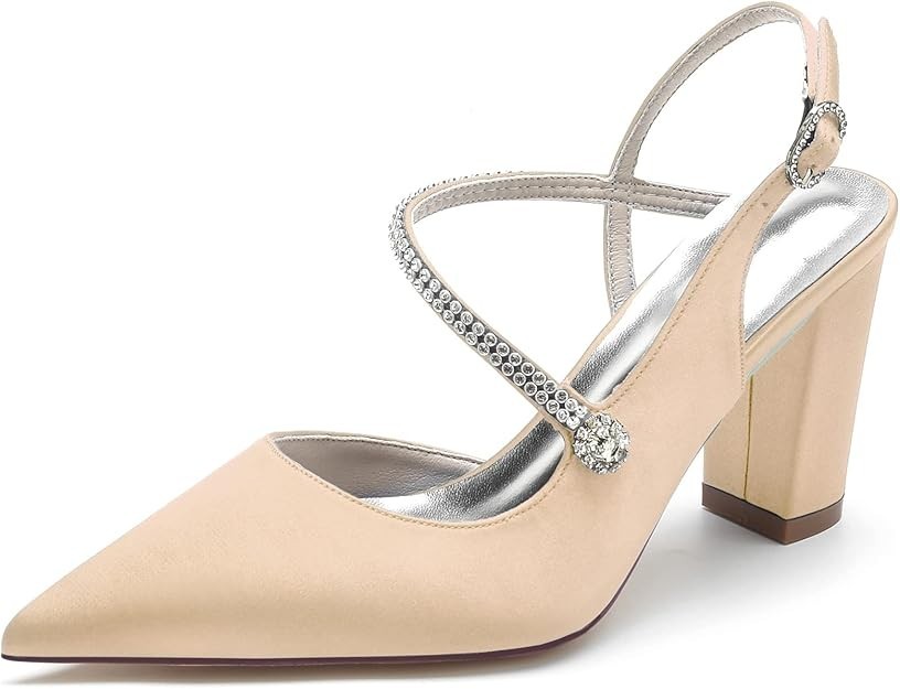 Women’s Slingback Heels with Rinestones on Straps, Champagne color size 8