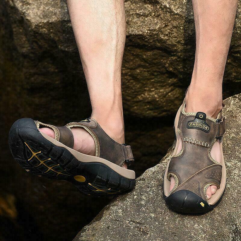 Men Leather Summer Sandals Beach Closed Toe Shoes Sports Outdoor Hiking Thongs