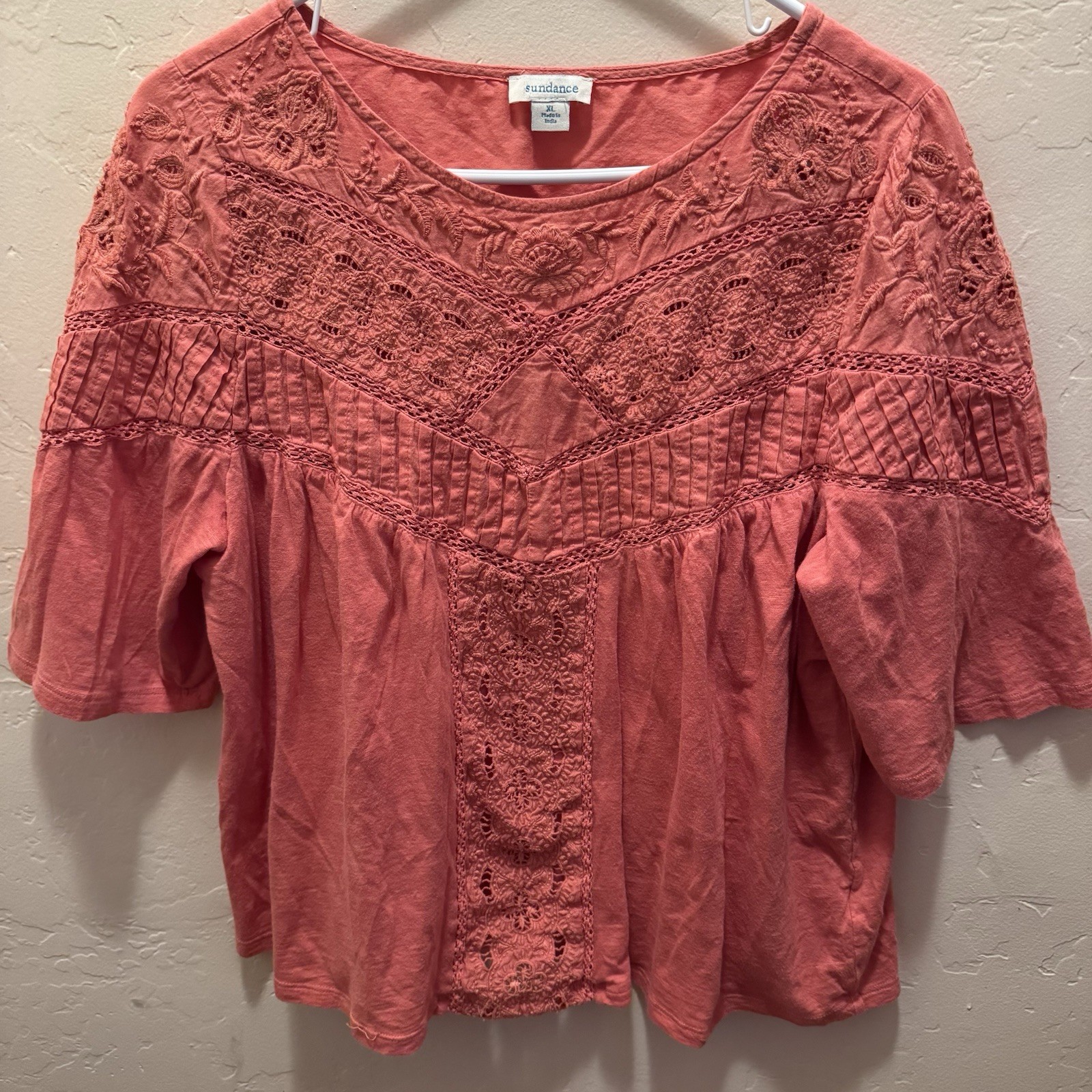 Sundance Women’s Coral Pink Crochet Lace Embroidered Short-Sleeve Top Peasant XL