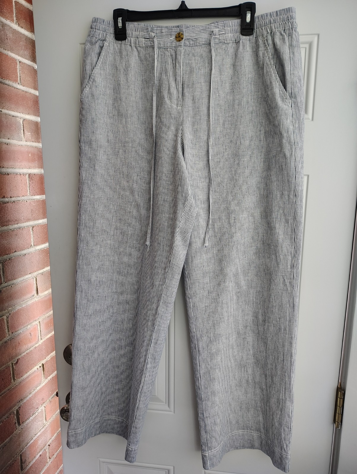 Talbots Striped Wide Leg Pants Size 14 Linen Cotton Drawstring Casual Summer