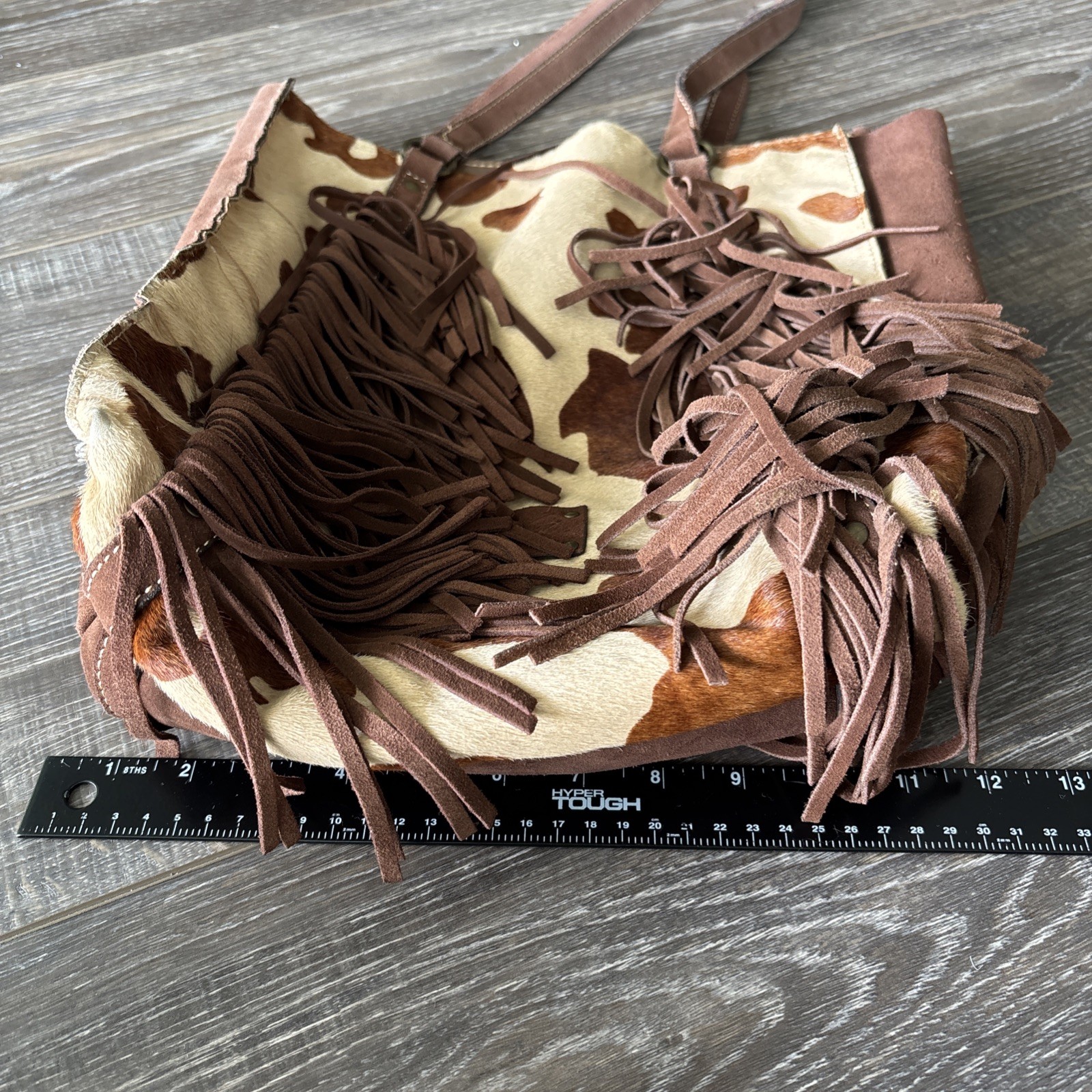 Patricia Nash Leather & Cowhide Print Mwith Leather Fringe Tote Purse – See Pics