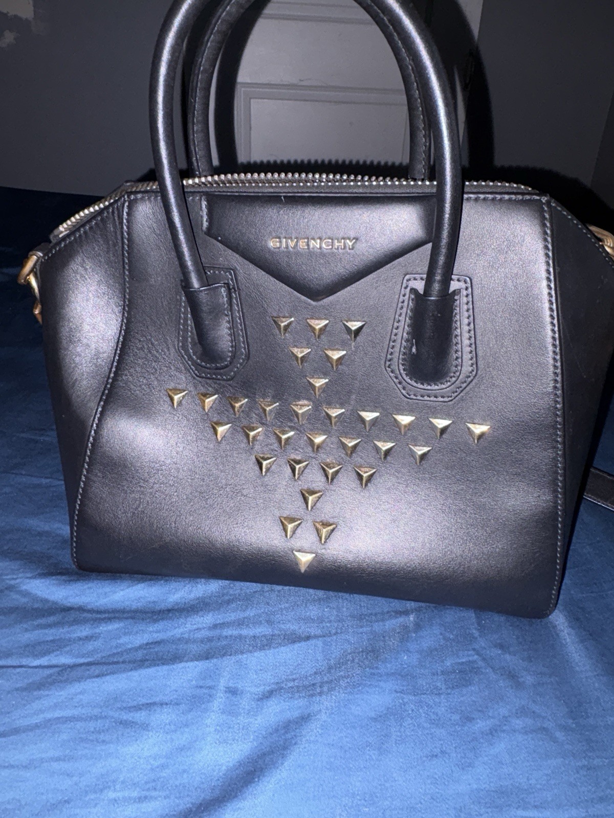 Givenchy Black Studded Medium Satchel Top Handle, Gold Hardware, Zip, Strap