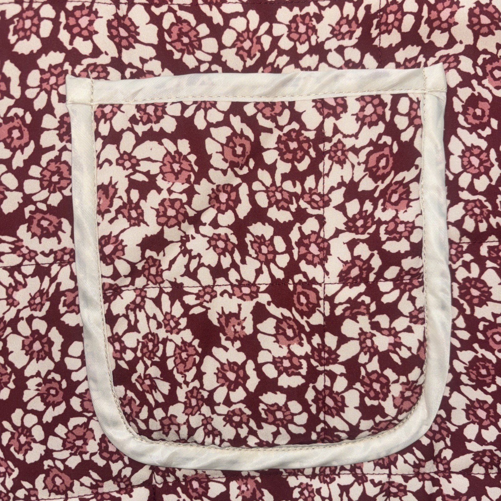 Quilted Floral Jacket Burgundy Cream Mock Neck Boxy Pockets Hook Eye Closure