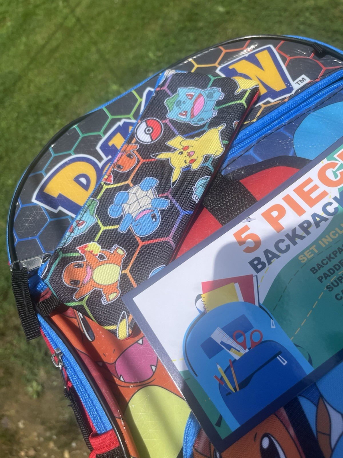 5 Piece Pokémon Small Polyester Kids Backpack Zip, Pikachu Charmander Squirtle