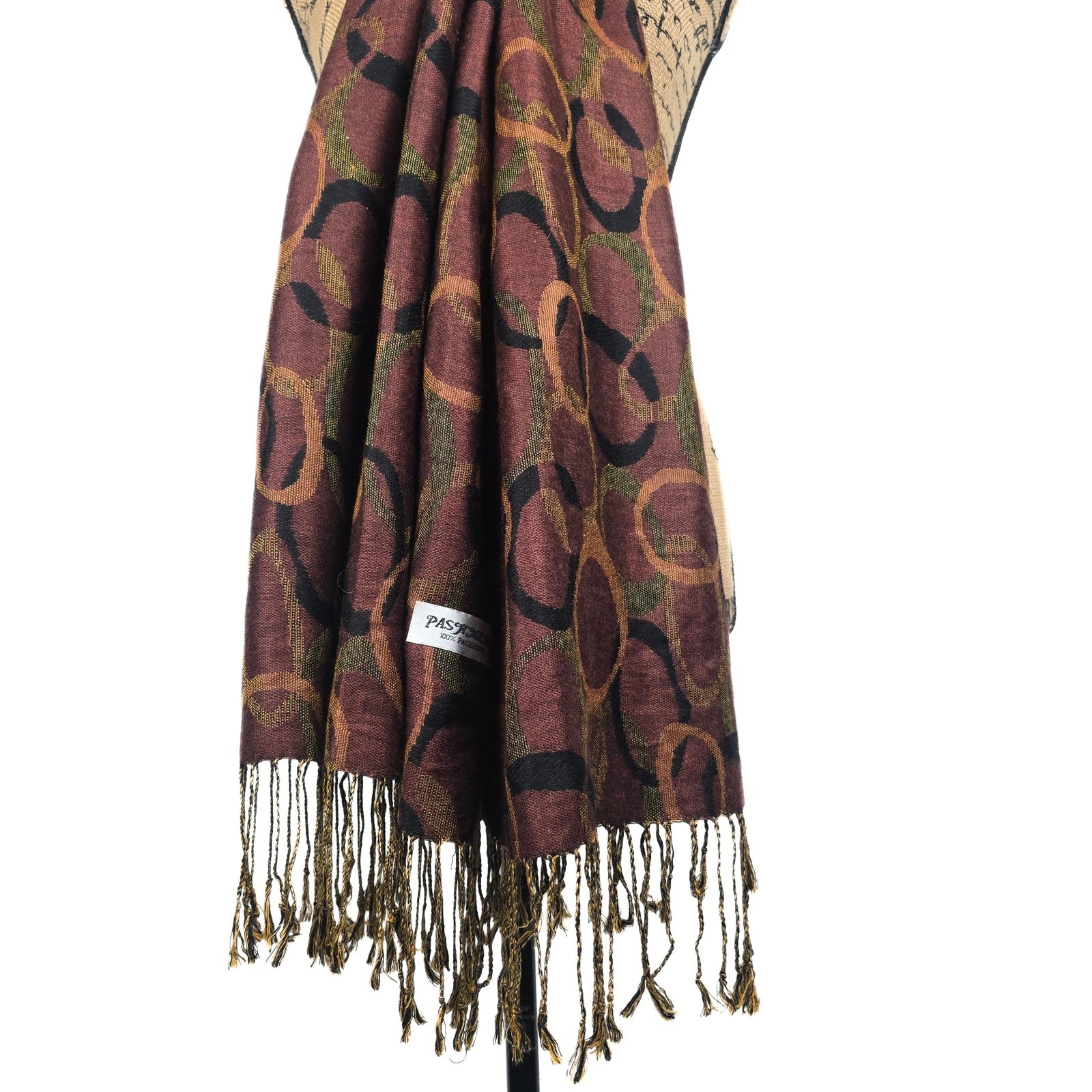 Pashmina 100% Pashmina Scarf Wrap Burgundy Copper Geometric Circle Fringe Shawl