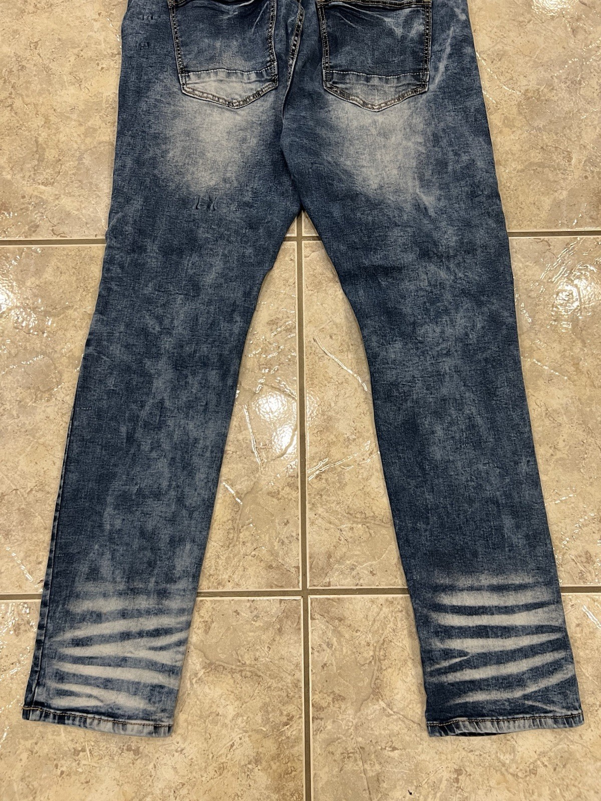 ENCRYPTED Men’s 40 Acid Wash Biker Jeans Slim Fit Moto Skinny Blue Denim