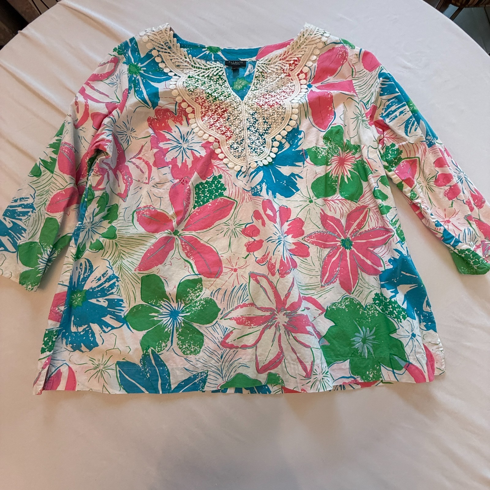 Talbots PETITES Bright Multicolor Blouse w/Lace 3/4″ Sleeves 1Xp Preown (A17-13)