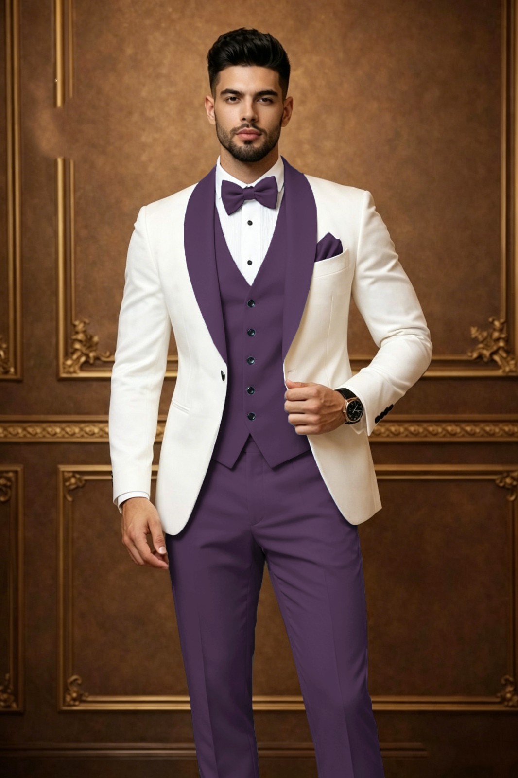 Business 3Pcs Men’s Suit Formal Wedding Tuxedos Jacket Shawl Lapel Blazer Coat
