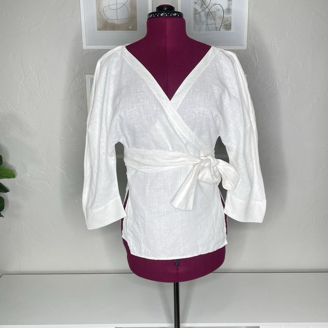 Mara Hoffman Wrap Top Women Small White 100% Hemp Puff Sleeve V-Neck Blouse