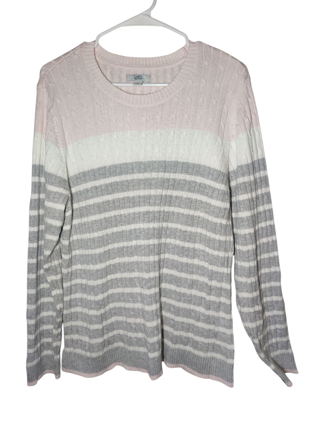 Croft & Barrow Pink Gray White Cable Knit Striped Pullover Crew Sweater XL