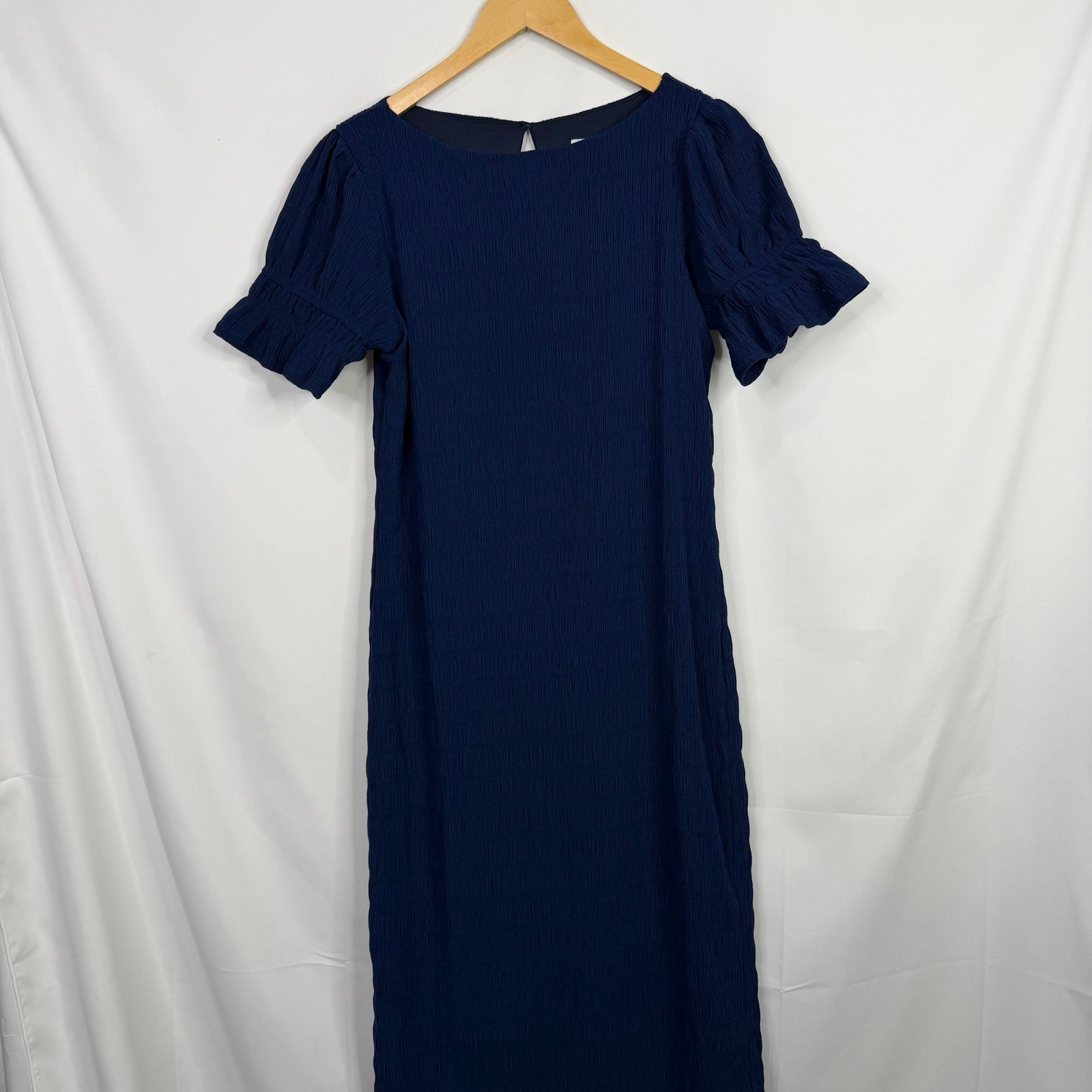 Lost + Wander Navy Blue Textured Puff Sleeve Ruffle Hem Midi Dress M NWT