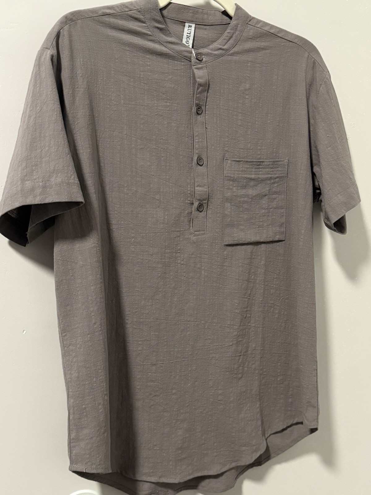NWT KUYIGO Cotton Linen Banded Collar Shirt Men’s S Short Sleeve Pocket Casual