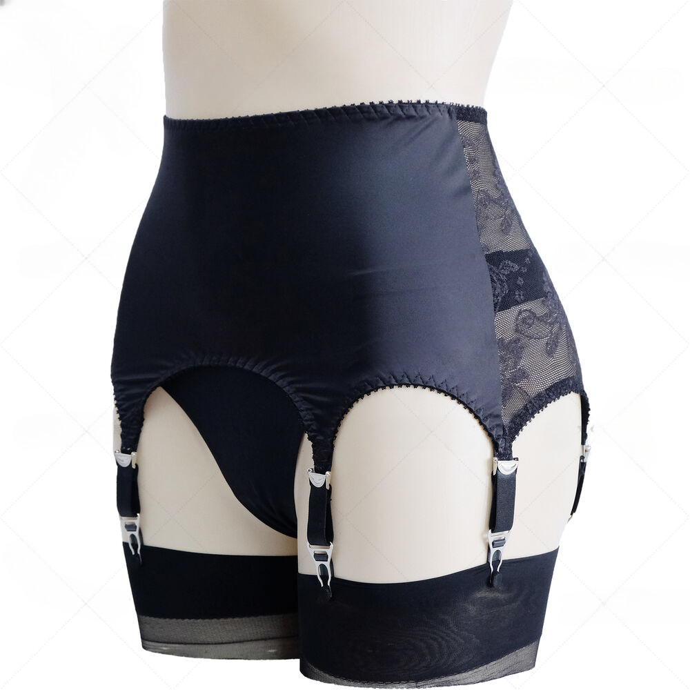 S-3XL Women Shiny Satin Sheer Lace Garter Belt W 6 Straps Patchwork Waist Girdle