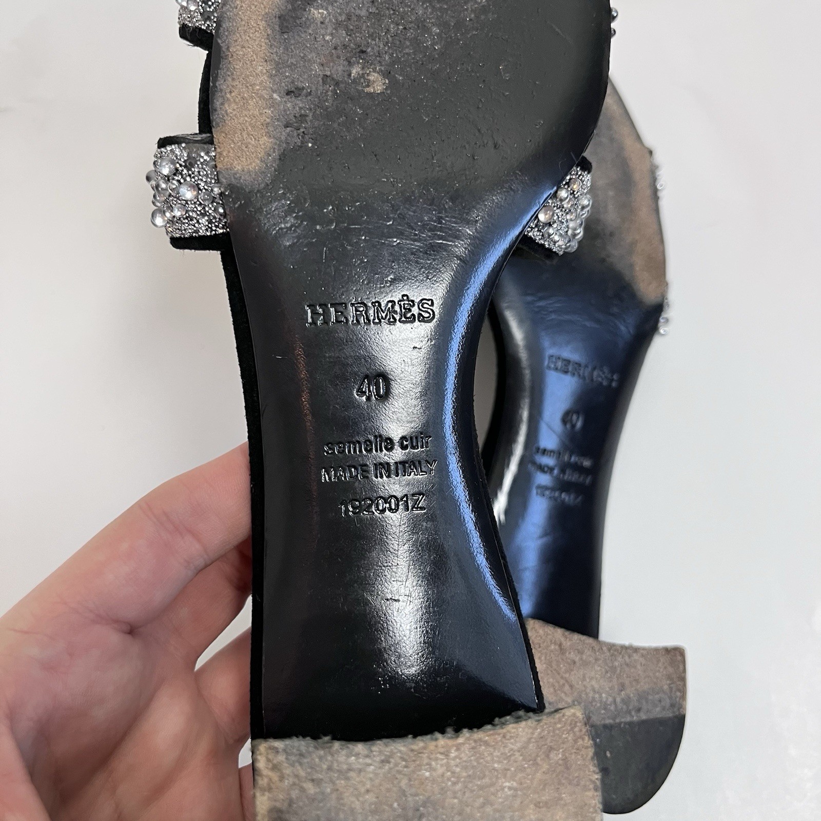 Hermès Oran Crystal Heeled Mule Sandals Black Leather 40 Silver Glitter Heels