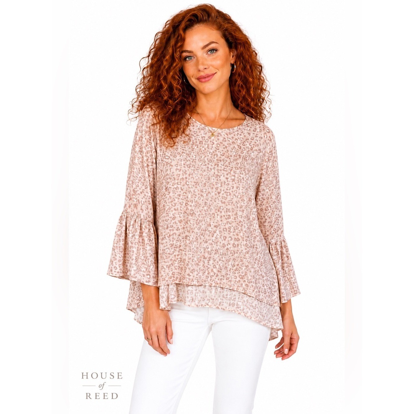 LaRoque Original Silk Blend Leopard Print Bell Sleeve Tunic Top OS Beige Neutral