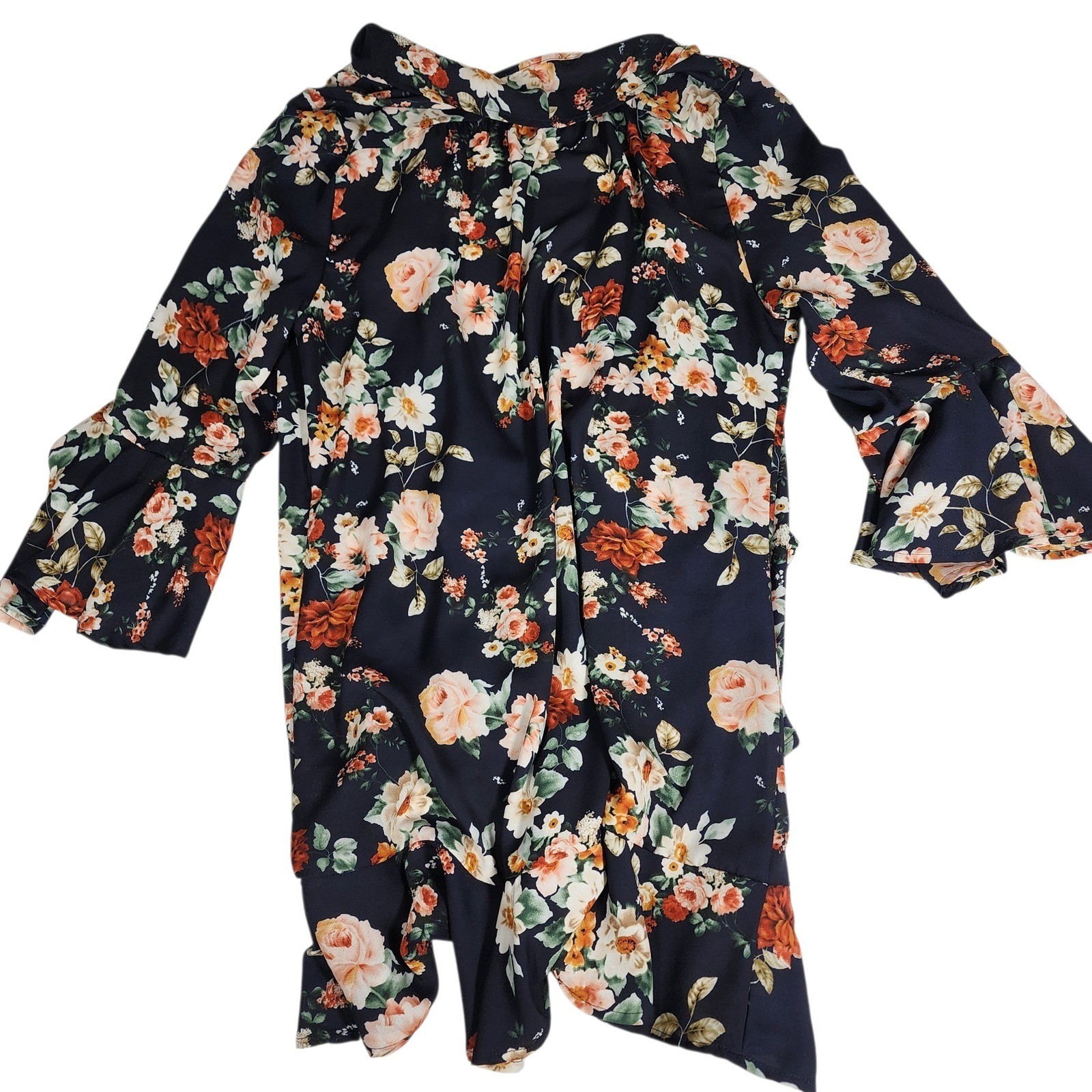 Entro Floral Print Kimono Jacket Navy Blue Bell Sleeve Ruffle Women’s M