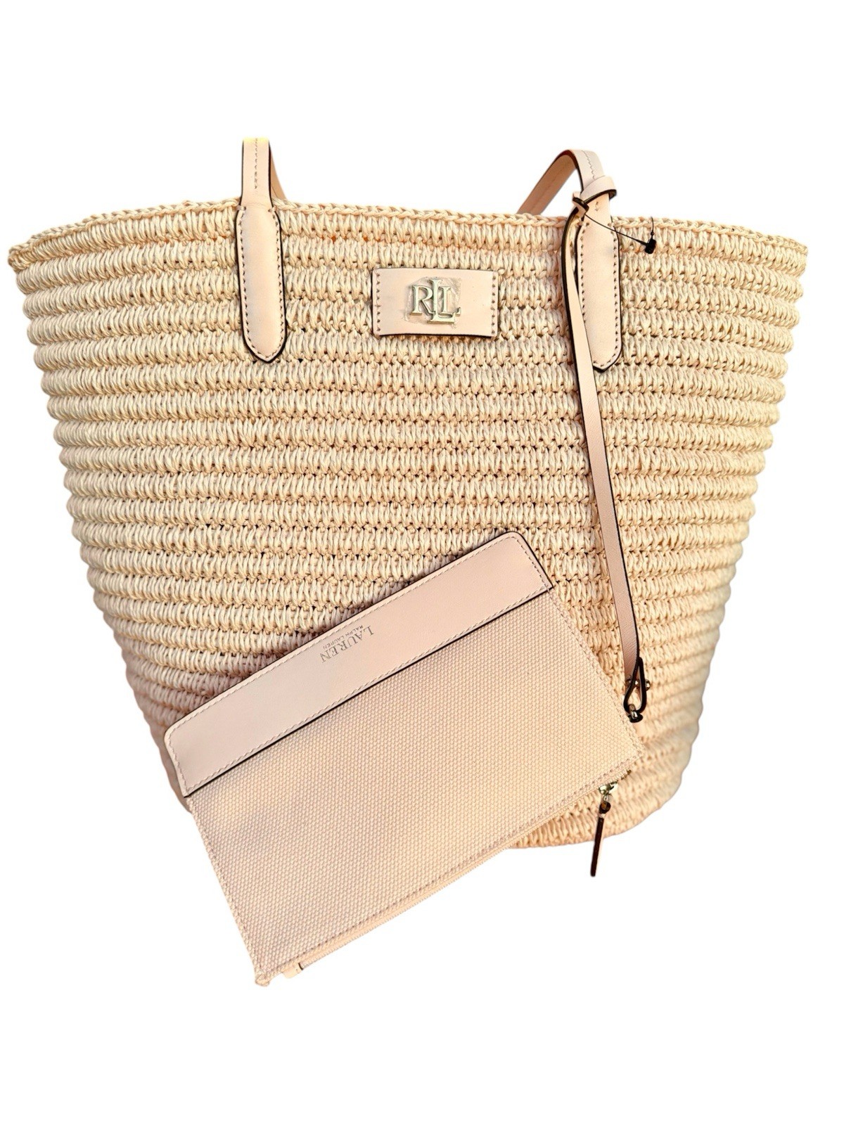 Lauren Ralph Lauren Pink Opal Leather Trim Straw Large Brie Tote Bag NWT $250