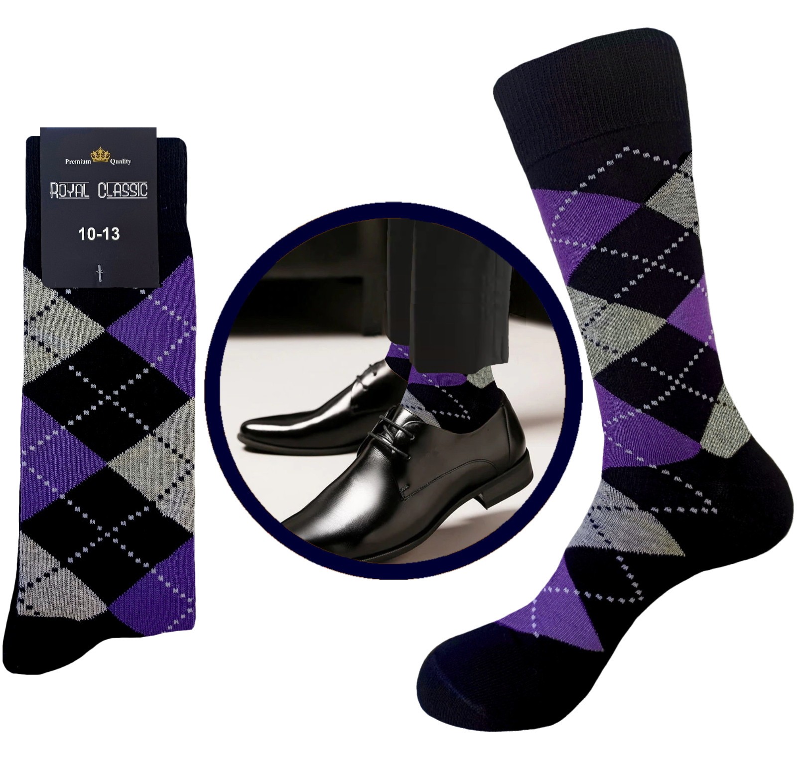 1-3-6-12 Dress Socks PURPLE BLACK Argyle Socks Cotton Size 10-13 PREMIUM QUALITY