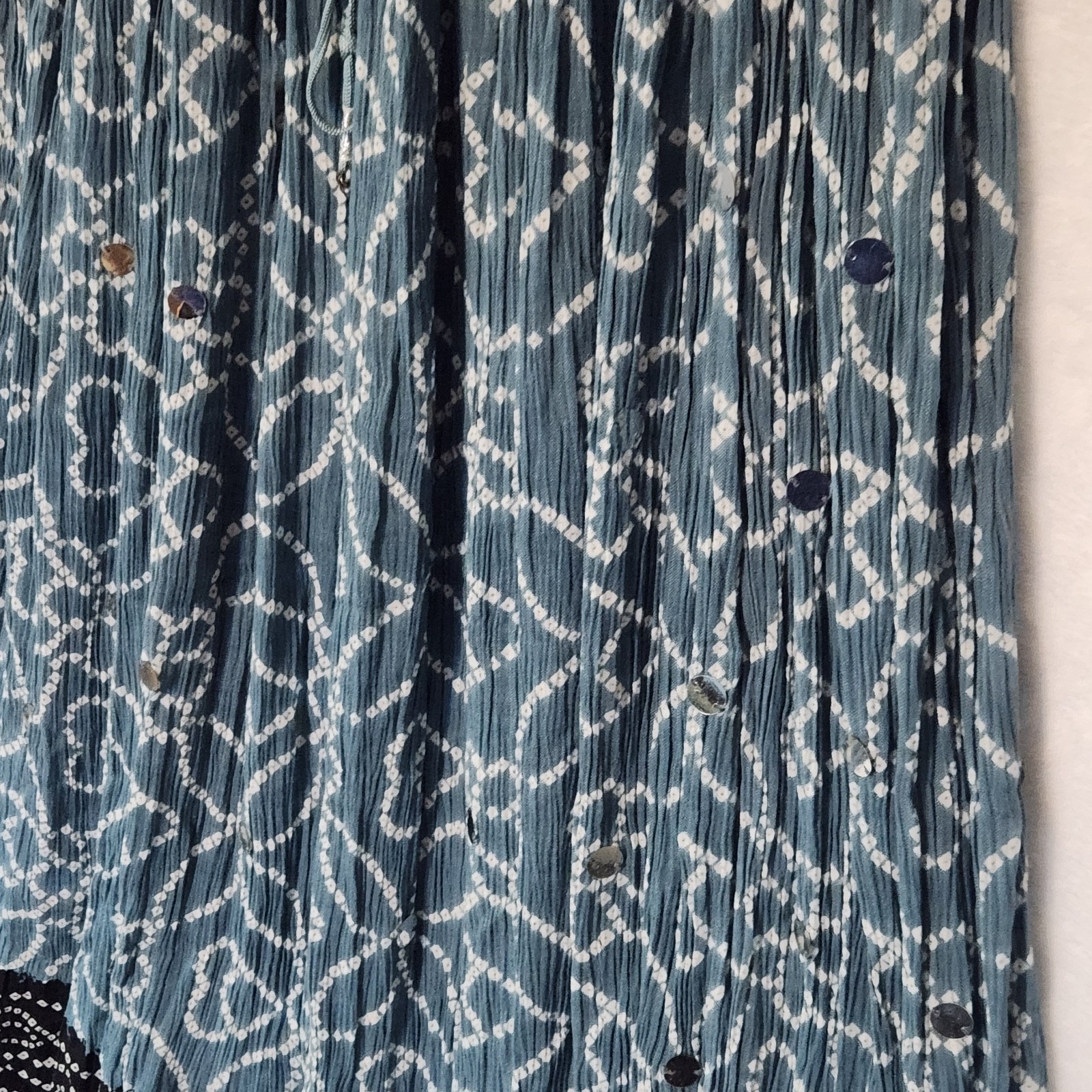 Y2K One Size Crinkle Maxi Skirt Teal Black Batik-Look Mirrors Boho Indian