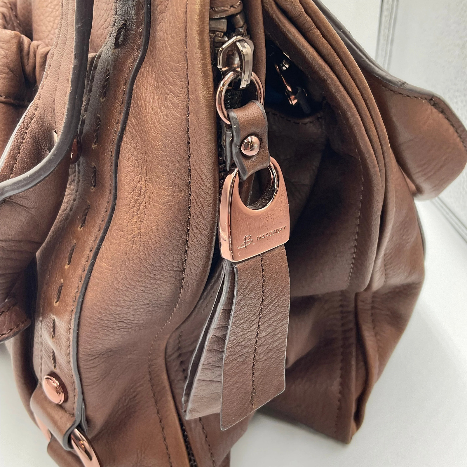 B. Makowsky Brown Leather Large Shoulder Bag
