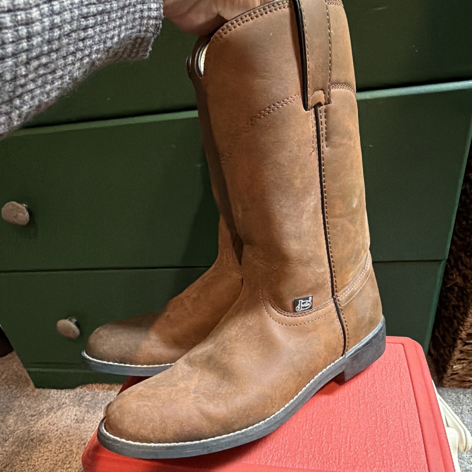 Justin Basics Men’s Brown Leather Western Pull-On Mid-Calf Round Toe Boots 7