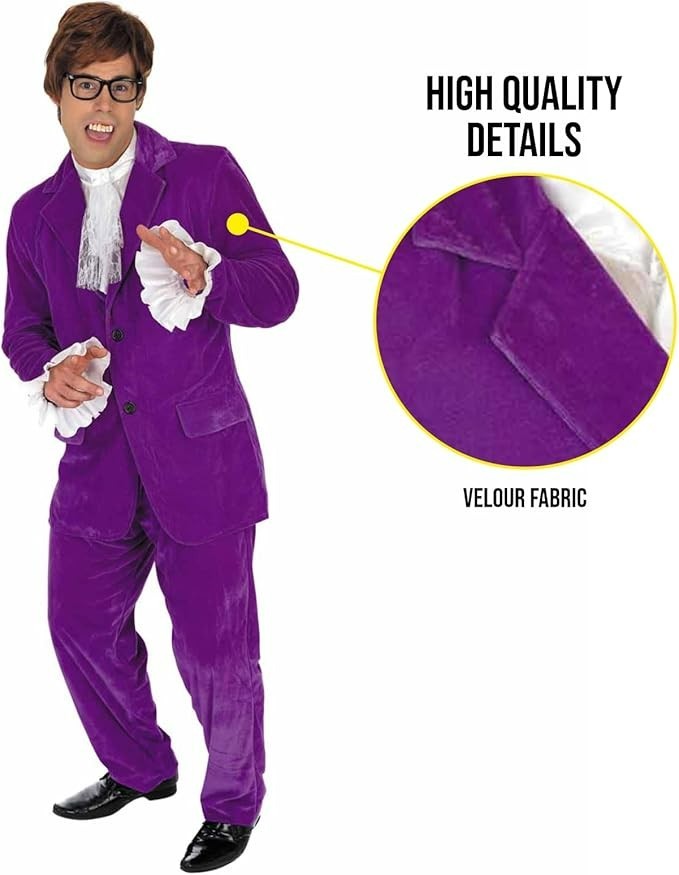 Men`s 60s Austin Powers Costume + Wig Glasses Adult Purple Gigolo Suit M – XL