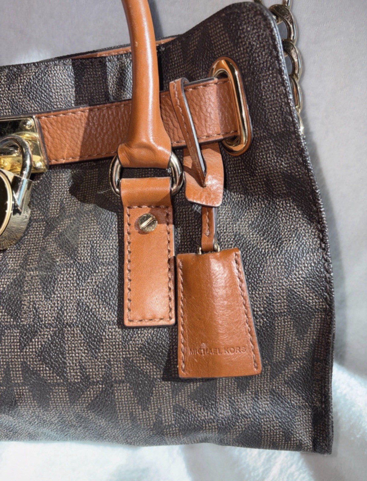 Michael Kors Brown/Gray Monogram Satchel Top Handle Chain Strap Key Detachable