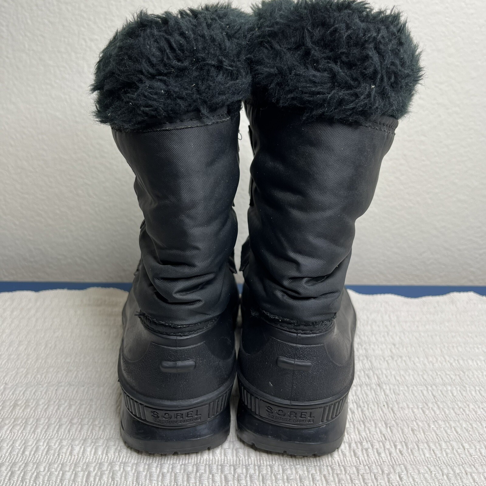 Sorel Kaufman Black Nylon Rubber Snow Duck Boots Faux Fur Lined Women Size 7