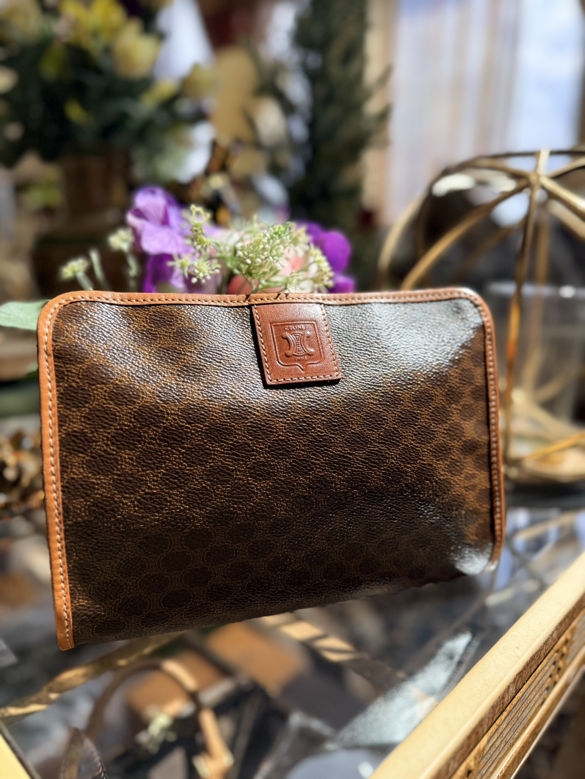 Vintage Celine Macadam Zip Clutch Brown Canvas Leather