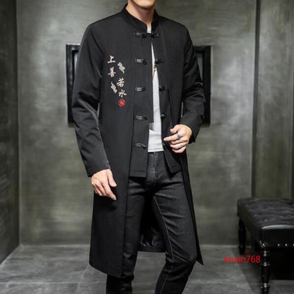 Chinese Style Tang Suit Jacket Mens Mid Long Buttons Slim Embroidery Coats Size