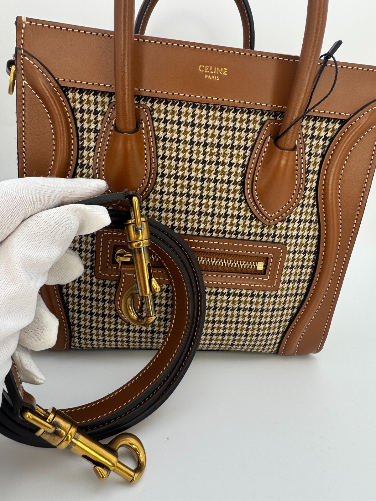 Celine Luggage Nano Tote Houndstooth Tweed & Tan Leather Top Handle Shoulder