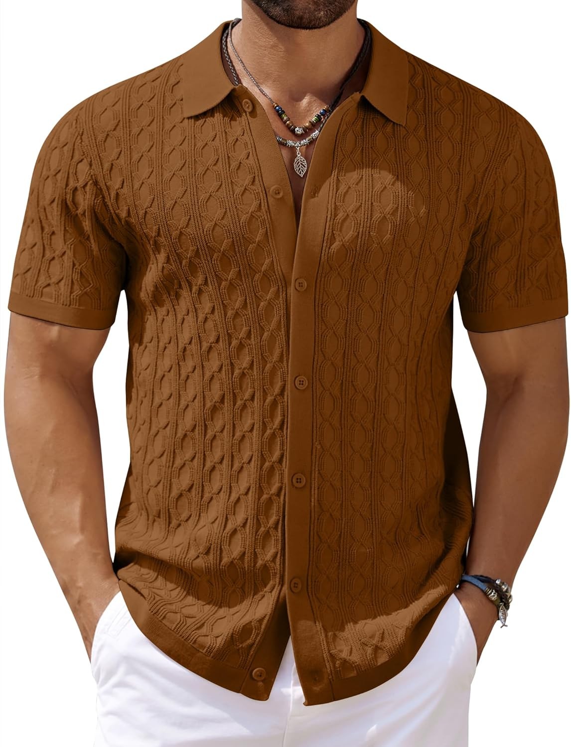 Men’s Knit Short Sleeve Shirts Button Down Vintage Knitted Polo Shirt
