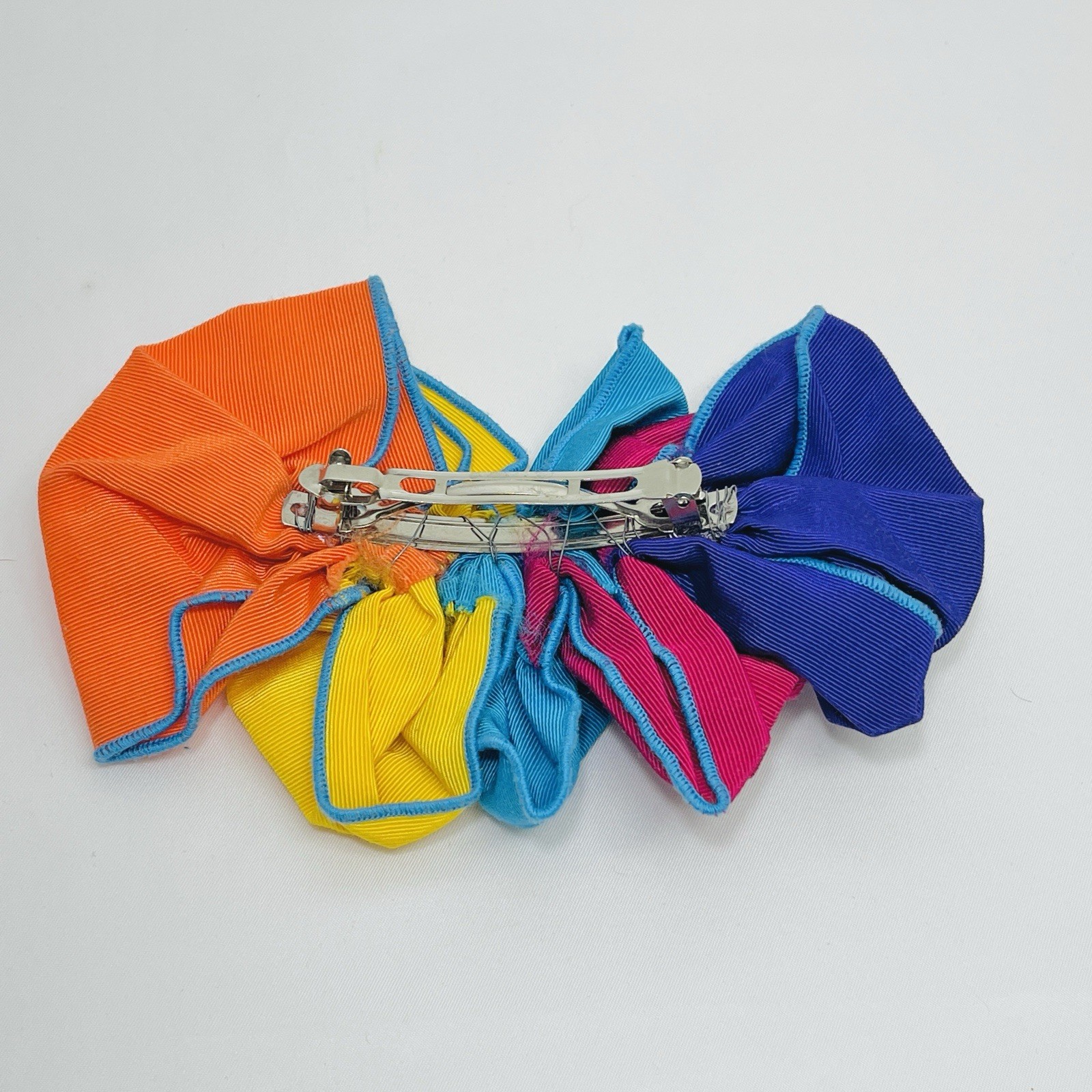 Vintage Barrette Ribbon Bow Ruffle Oversized Yellow Orange Blue Purple Metal