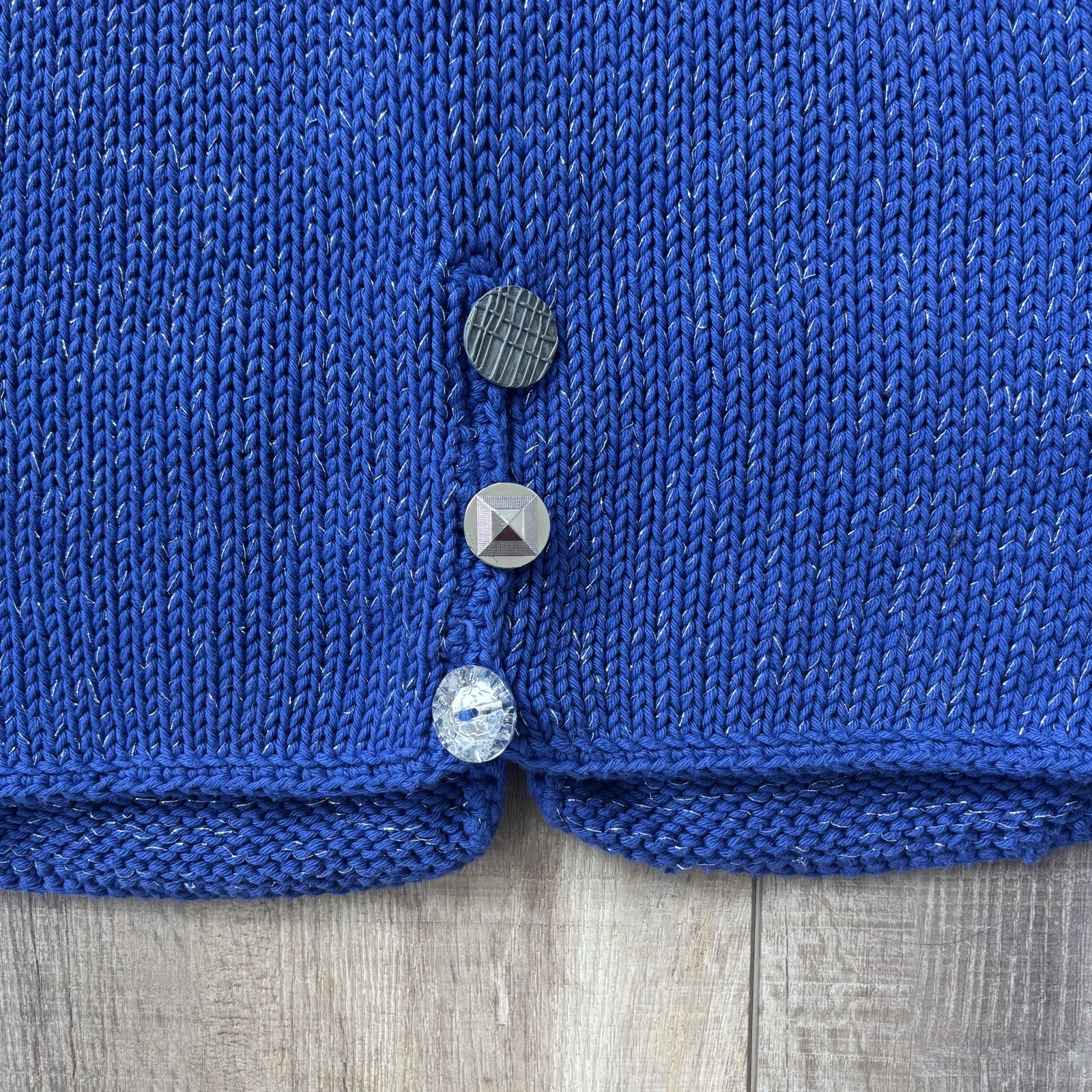 Brooch Button Handknit Womens Cotton Cardigan Size SP Blue Granny Cottagecore