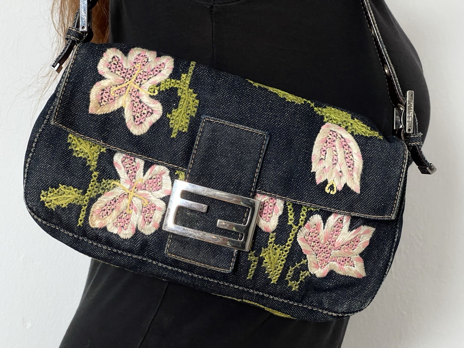 Authentic Vintage Fendi Y2K Indigo Denim Floral Embroidered Baguette Handbag